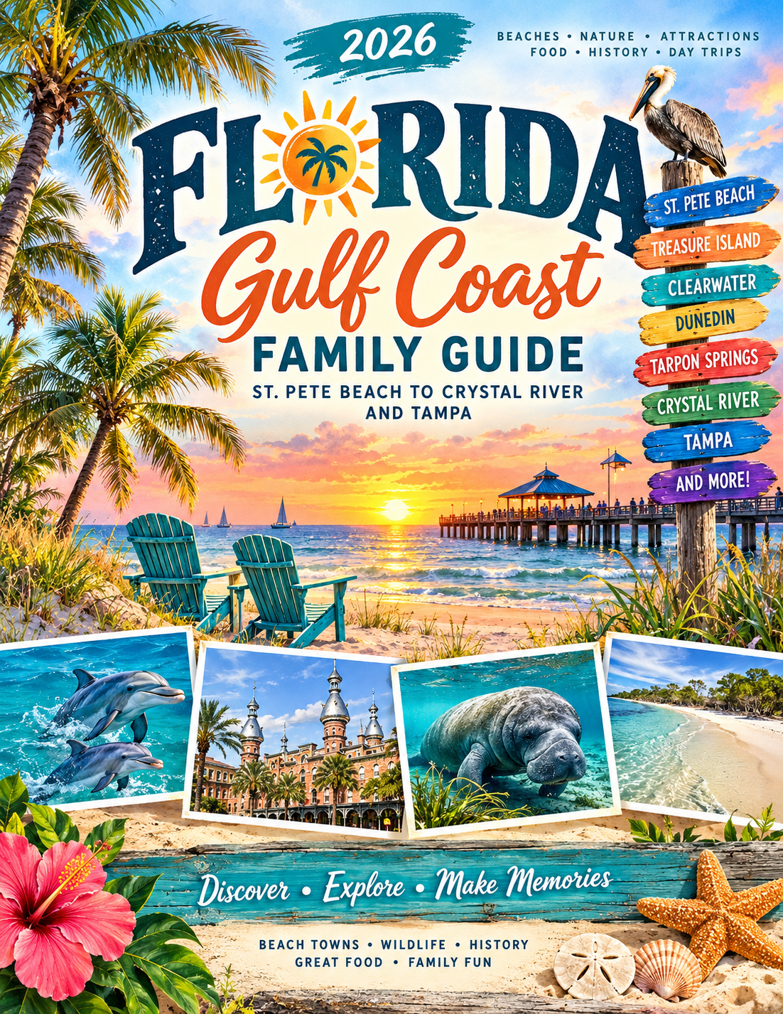 Colorful illustrated Florida Gulf Coast Family Guide cover featuring sunset, dolphins, manatees and beach destinations